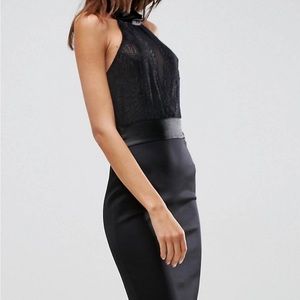 High neck lace bodycon midi dress with ribbon ties